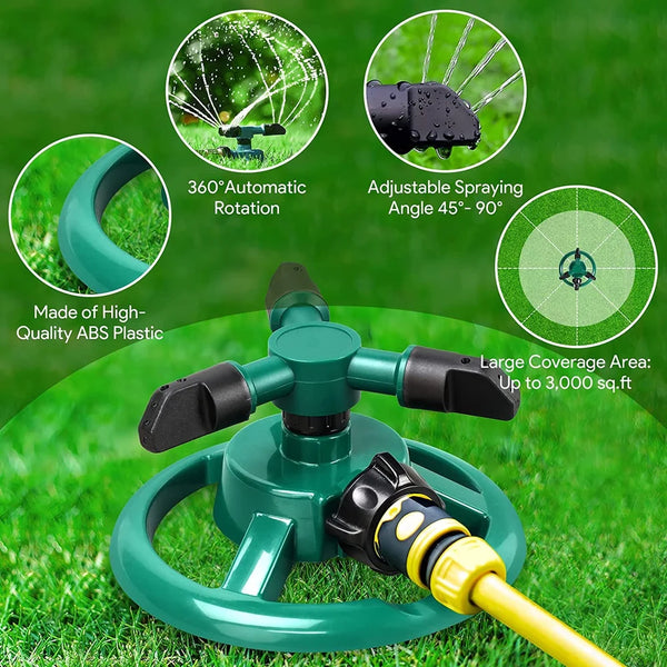 360 Rotating Water Sprinkler Adjustable Round 3 Arm Lawn Water Sprinkler for Watering Garden Plants